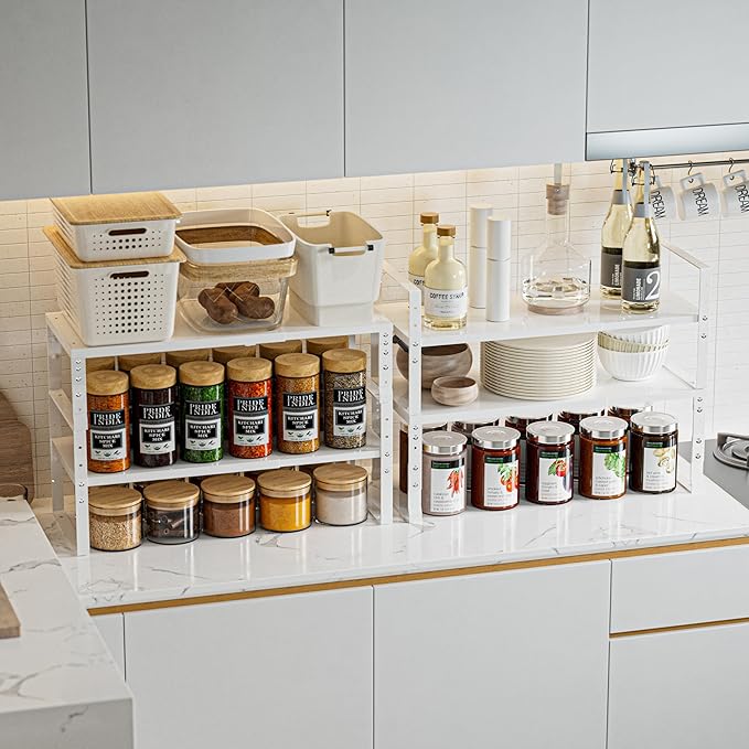 Expandable,Stackable Spice Rack,Seasoning Organizer and Storage,Spices Jar Racks for Cabinet,Countertop, Metal Pantry, Cupboard,Laundry Storages,Heavy Duty(2 Packs/Medium/White)-Ruum Studio Home