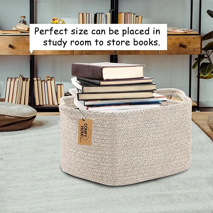 COMFY-HOMI 3PACK Cotton Rope Woven Basket With Handles for Shelves, Toy, Book, Cloth Storage Basket for Organizing|13.5" x 11" x 9.5" Decorative Nursery Cube Bin for Living Room（all brown）-Ruum Studio Home