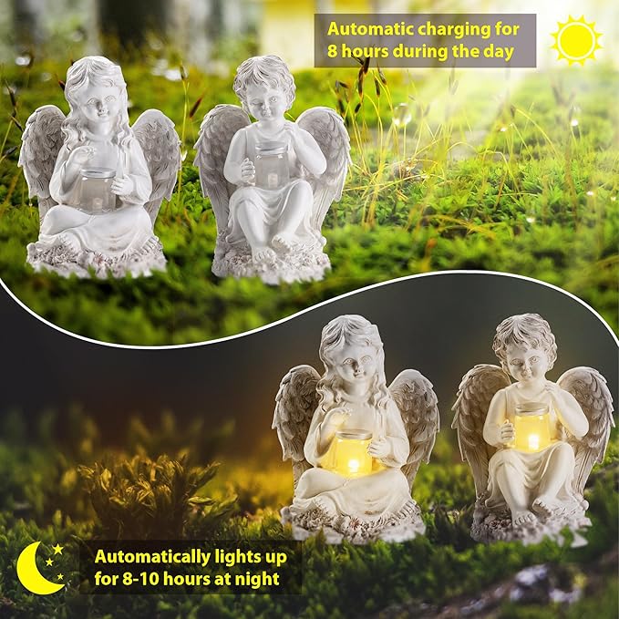 2 Pack Outdoor Angel Statue Garden Decor, Classic Solar Angel Figurine Decoration for Yard Art Indoor Porch Home Lawn Outside Light up Cherub Sculpture Guardian Wings Memorial Gifts-Ruum Studio Home
