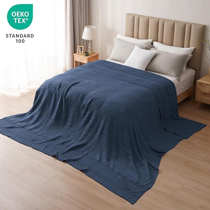 PHF 100% Cotton Waffle Blanket Oversized King 120"x120", Lightweight Breathable Extra Large 10'x10' Summer Blankets for Bed, Giant Big Luxury Aesthetic Woven Bedding for Home Decor, Bright Navy Blue-Ruum Studio Home
