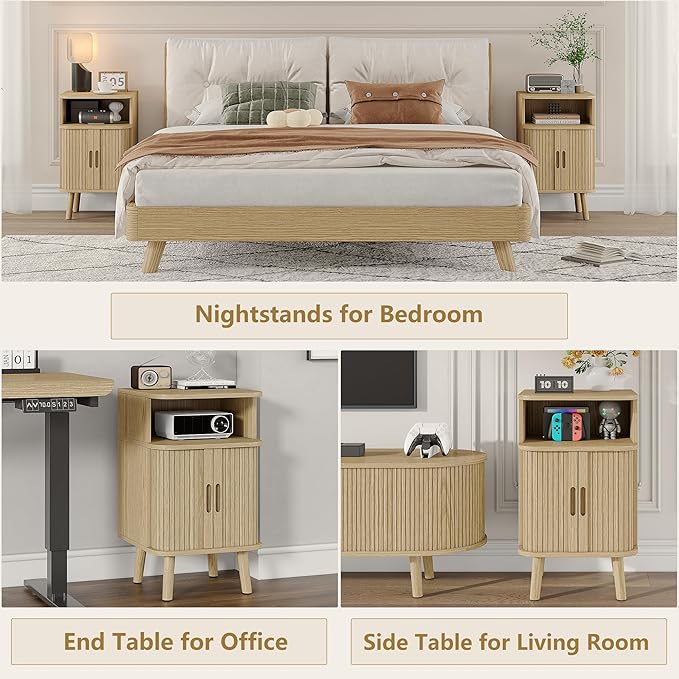 Alohappy Mid Century Modern End Table, Fluted Wood Nightstand with Sliding Tambour Door, Curved Round Edge Side Table with Storage Cabinet for Bedroom, Living Room, Natural Oak-Ruum Studio Home