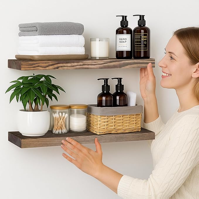 BGMG Wood Floating Shelves for Wall 24 inch Set of 2, Rustic Wooden Wall Mount Shelves for Bathroom Living Room Bedroom Kitchen Farmhouse -24x 6.7 x1.25 inch- Walnut Color-Ruum Studio Home