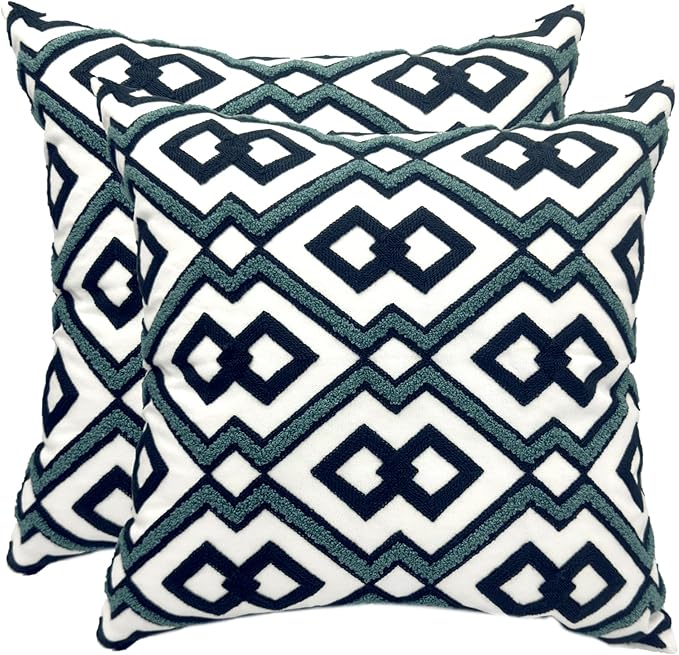 Alysheer Embroidered Decorative Throw Pillow Cover 18"x 18" Set of 2, Classic Boho Geometric Embroidery Pattern Cotton Square Cushion Case for Sofa Couch Living Room Bedroom (Navy Aqua)-Ruum Studio Home