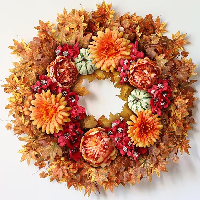 26" Fall Wreath for Front Door - Large Artificial Maple Leaves Fake Silk Peony Faux Pumpkin Outdoor Wreath for Porch, Window,Farmhouse,Home,Thanksgiving Day Harvest Festival Autumn Decor-Ruum Studio Home