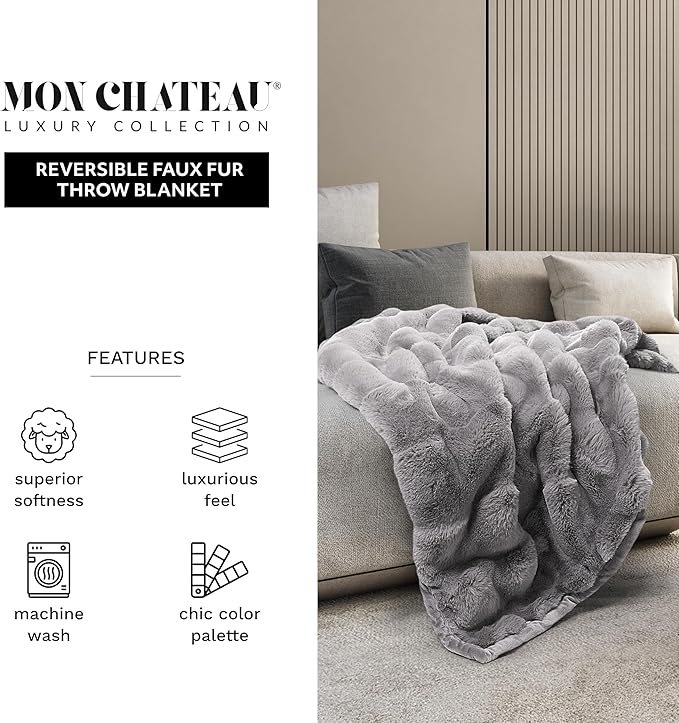 Mon Chateau 60" x 70" Faux Fur Throw Blanket - Reversible Soft Blanket for Queen-Size Bed, Couch, or Sofa, Cozy Home Decor and Stylish Living Room Comfort in Grey-Ruum Studio Home