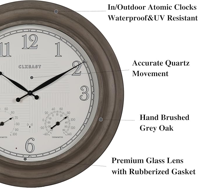 CLXEAST 24 Inch Self-Illuminated in/Outdoor Atomic Wall Clock with Temperature and Humidity, Oversized Large 24 Inch Wall Clocks for Living Room Decor, Brushed Grey Oak Wooden Finish-Ruum Studio Home