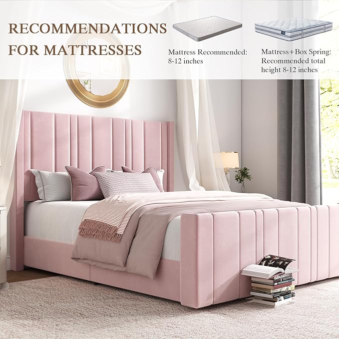 HOMBCK Pink Full Size Bed Frame Upholstered Bed with Velvet Tufted Headboard & Footboard, Mattress Foundation/Wooden Slats/Noise Free/No Box Spring Needed/Easy Assembly-Ruum Studio Home