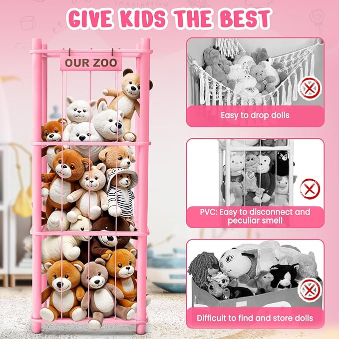 Stuffed Animal Storage & Organizer, Wooden Cute Zoo Toy Holder for Toddler Rooms, Playrooms & Bedrooms（Pink）-Ruum Studio Home