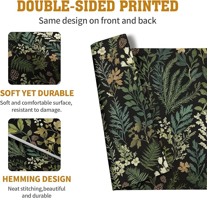 Black Sage Green Plant Placemats Set of 4 Vintage Botanic Fern Leaves Herb Floral Place Mats Rustic Farmhouse Linen Fabric Table Mats for Party Kitchen Dining Outdoor Indoor Decor-Ruum Studio Home