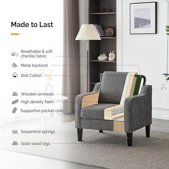 VINGLI Accent Chairs for Living Room Chairs Reading Chair Mid Century Modern Chair Soft Chenille Sofa Chair Upholstered Arm Chair Comfy Chair Side Chair (Light Grey Chenille)-Ruum Studio Home