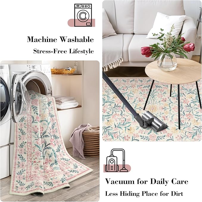 Wonnitar Machine Washable 5x7 Nursery Rug, Pink Rugs for Bedroom Girls, Boho Soft Floral Carpet Non Slip, Indoor Ultra-Thin Floor Carpet for Kid Room Living Room Dorm-Ruum Studio Home