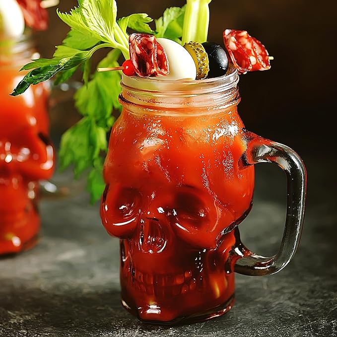 Halloween Cups Set of 4 - Skull Mason Jar with Lids Straws and Handle - Skull Drinking Glasses for Halloween Party Bar Decor (16 oz, Clear)-Ruum Studio Home
