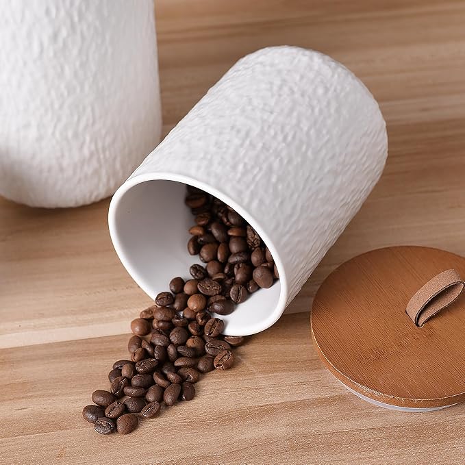 JOJUNO White Ceramic Canister Set with Wooden Lid, 3-Piece Airtight Food Storage Jars for Kitchen Counter - Flour, Sugar, Coffee, Tea, Spice - Small, Medium, Large Sizes - Stone Texture-Ruum Studio Home