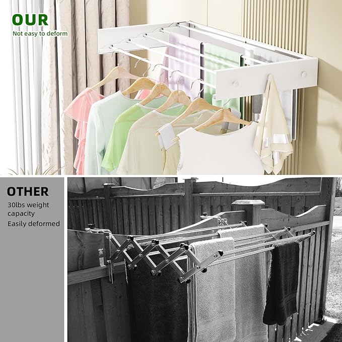 Wall Mounted Drying Rack for Laundry 40'', Folding Drying Rack Clothing Wall Mount with 5 Rods and 6 Hooks, Space Saving for Indoor Outdoor Bathroom Balcony (White, 40'')-Ruum Studio Home