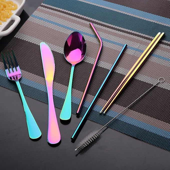 Travel Utensils Set with Case Reusable Portable Cutlery Set Stainless Steel 8pcs Including Dinner Knife Fork Spoon Chopsticks Straws(Rainbow)-Ruum Studio Home