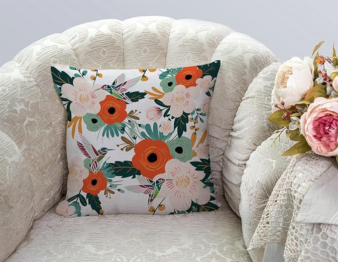 TSSOHU Flower and Hummingbird Pillow Cover Cotton Linen Spring Red Flower Green Leaves Boho Decorative Pillow Covers Cushion Cover Home Decor Pillowcase for 18x18 Inch-Ruum Studio Home