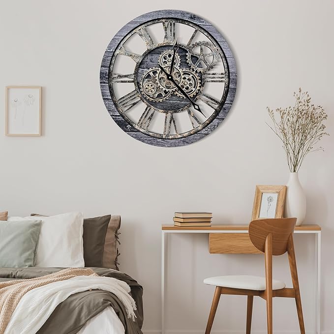 The B-Style Large Wall Clock 24 inch Moving Gear Wall Clock Oversized Vintage Farmhouse Wall Clocks for Living Room Decor Rustic Industrial Wood Clock (Carbon Gray, 36 inch/90cm)-Ruum Studio Home
