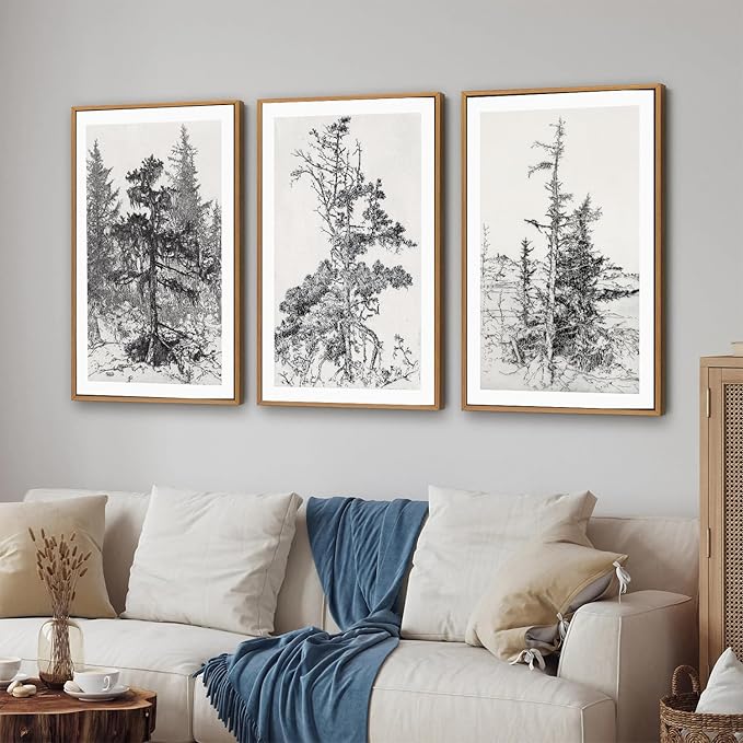 SIGNINART Vintage Tree Framed Wall Art Set , Black and White Antique Sketchbook Forest Painting, Wilderness Illustration Art Print , Retro Pine Tree Landscape Drawing Wall Decor for Living Room, Bedroom, Office (16"x24"x3)-Ruum Studio Home