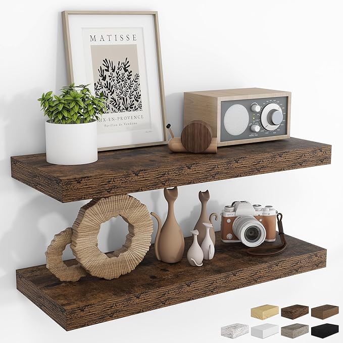 RICHFOCUS 31.5Inch Floating Shelves for Wall 2 Pack Shelves for Bedroom|Kitchen|Bathroom Wall Mounted Rustic Wood Floating Shelf with Invisible Brackets for Books|Storage|Decor, Rustic Brown-Ruum Studio Home