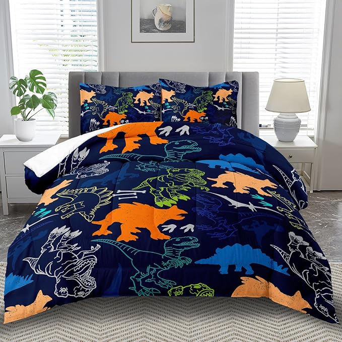Blue Dinosaur Comforter Set Queen Boys,Cute Dinosaur Bedding Set Queen for Kids,Kawaii Dragon Comforter Blue Bedroom Decor,Cute Animal Bedding Kawaii Animal Quilt Boys-Ruum Studio Home