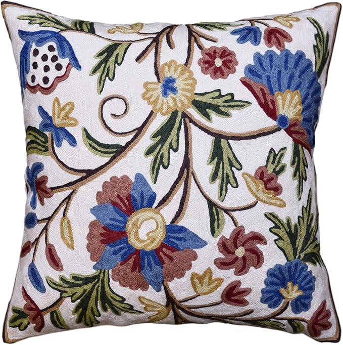 Dahlia Floral Pillow Cover - Cream Flower Pillowcase - Outdoor Cushion - Suzani Farmhouse Chair Throw - Traditional Chair Cushions - Hand Embroidered Wool Size - 18x18-Ruum Studio Home
