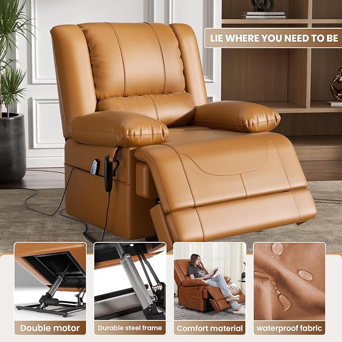 Large Dual Motor Power Lift Recliner Chair with Massage and Heat for Elderly People, Infinite Position,USB Ports and Remote Control,Breathable Leather (Light Brown)-Ruum Studio Home