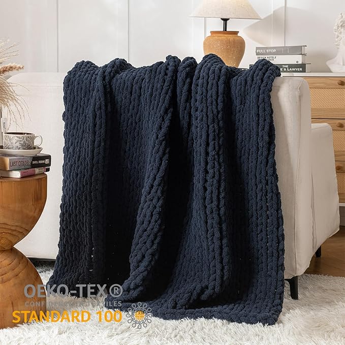 Chunky Knit Blanket Throw, 100% Hand Knit Throw Blanket Handmade Chenille Cable Knit Throw for Couch, Stylish Cozy Soft Rope Knot Crochet Blanket for Home Decor, Navy Blue, 50x60 Inches-Ruum Studio Home