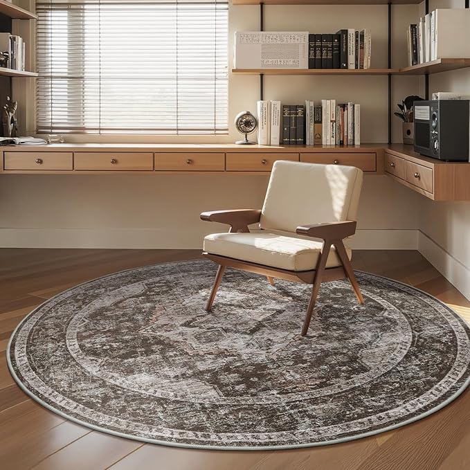 AMOAMI-6FT Round Rug-Rugs for Living Room-Vintage Soft Brick/Brown Rugs for Bedroom-Non Slip Circle Rug-Machine Washable Rug for Dining Room Living Room Bedroom Office Under Table-Ruum Studio Home