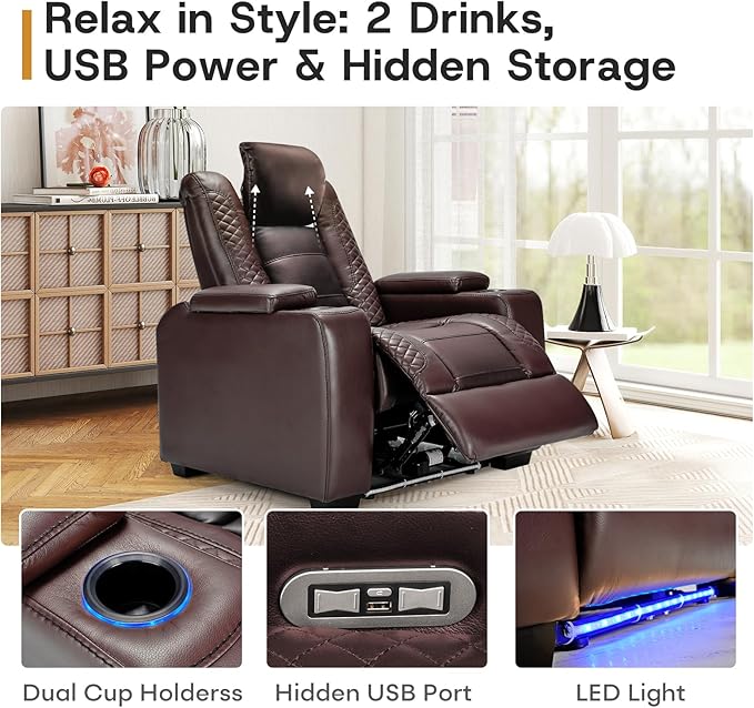 ANJ Power Home Theater Seating, PU Leather Electric Recliner Chair with Powered Headrest, Dual Motors Movie Reclining Chairs with LED Lights,USB Port, Cup Holders, Hidden Arm Storage (Brown)-Ruum Studio Home