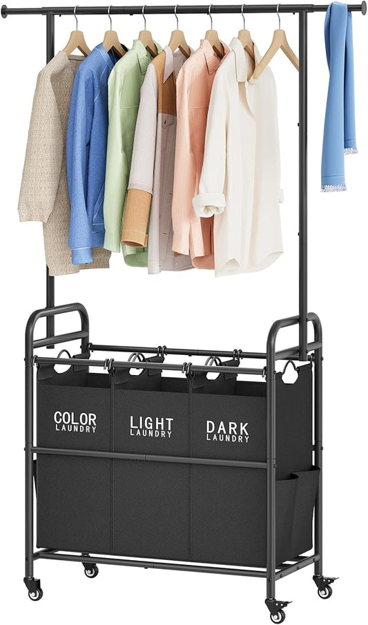 Tajsoon Laundry Sorter Cart with Hanging Rack, Laundry Sorter 3 Section, Laundry Hamper with Heavy Duty Rolling Lockable Wheels, Black-Ruum Studio Home