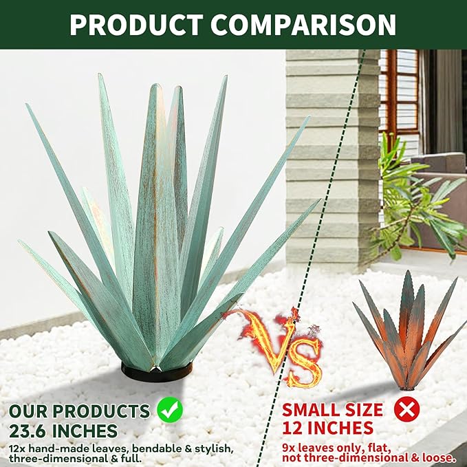 Large Tequila Rustic Sculpture, Rustic Metal Agave Plants for Outdoor Patio Yard, Home Decor Hand Painted Metal Agave Garden Yard Statue, Outdoor Lawn Ornaments (Dark Blue - L (W/Solar Light))-Ruum Studio Home