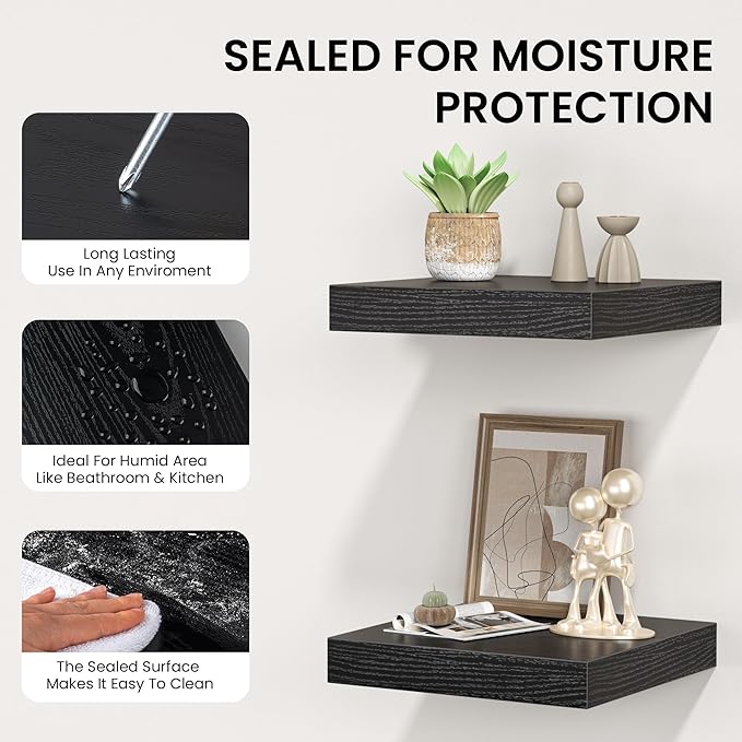 Square Floating Shelves for Wall, 12" W x 12" D x 1.2" H, Small Wooden Wall Mounted Display Shelves with Invisible Brackets for Living Room, Bedroom, Bathroom, Kitchen Decor, Set of 3, Black-Ruum Studio Home