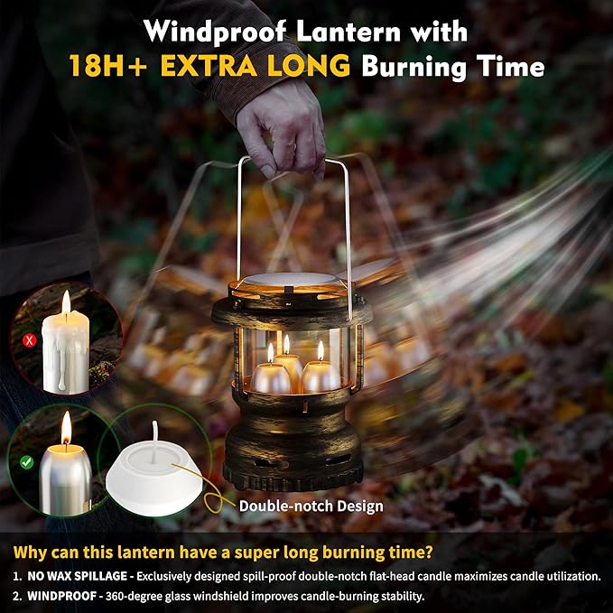 3-Wick Emergency Candle Lantern for Power Outages [18H+ Burning Time] Vintage Decorative Candle Lantern for Real Candles, Outdoor Portable Camping Survival Lighting [7.1"*5.7" - Vintage Brass]-Ruum Studio Home