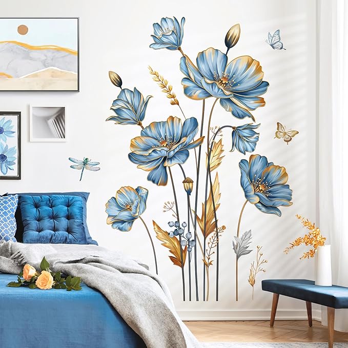 decalmile Large Blue Flower Wall Stickers Floral Butterfly Plants Gold Leaves Wall Decals Bedroom Living Room Sofa TV Background Wall Decor-Ruum Studio Home