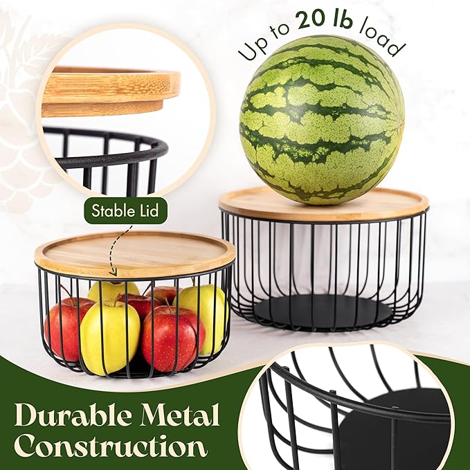 Fruit Basket for Kitchen Counter Set of 3 - Large Stackable Baskets with Bamboo Lid - Perfect Holder For Fruit and Vegetable Storage - Keep Your Countertop Classy, Tidy and Slightly Fruity!-Ruum Studio Home