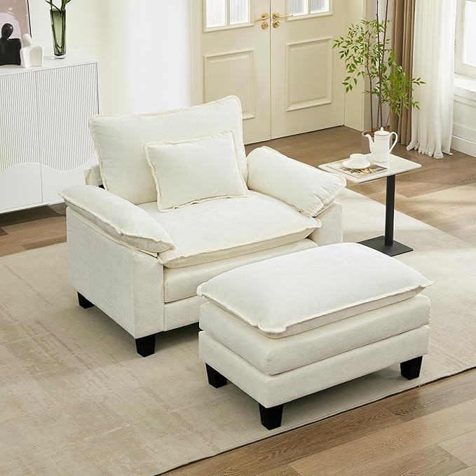 URRED Modular Sectional Sofa Comfy Cloud Couch, Modern Chenille Sofa Sleeper Deep Seat Couches with Ottoman/Pillows for Living Room (White, 53''- Ottoman)-Ruum Studio Home
