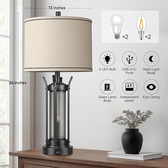 QiMH Farmhouse Table Lamps for Living Room, Beside Lamps for Bedroom with USB A+C Charging Ports, Rustic Nightstand Lamp Set of 2 with Frosted Glass Night Light, 4 Bulbs Included (Black)-Ruum Studio Home