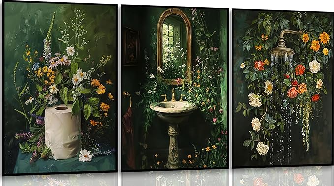 3Pcs Vintage Dark Green Bathroom Wall Art Shower Toilet Paper Roll Floral Poster Print Modern Farmhouse plants Painting Picture Wall Decor For Bathroom Living Room Decoration Unframed-Ruum Studio Home