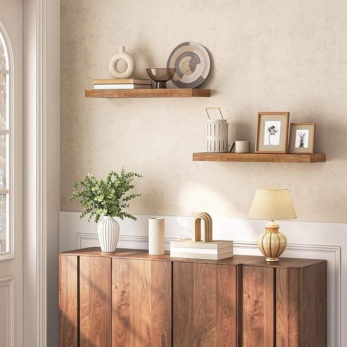HOOBRO Floating Shelves for Wall, Wall Mounted Shelf Set of 2, 23.6" Hanging Shelf with Invisible Brackets, for Wall in Bathroom, Bedroom, Toilet, Kitchen, Living Room, Office, Rustic Brown BF60BJ01-Ruum Studio Home