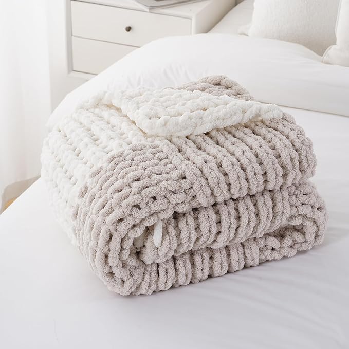 Battilo Chunky Knit Throw Blanket, Soft and Thick Chenille Throw Blanket, 50"x60" Handmade Cable Knit Crochet Blanket, Large Rope Knot Throw Blankets for Couch Sofa Bed Home Decor, Beige & White-Ruum Studio Home