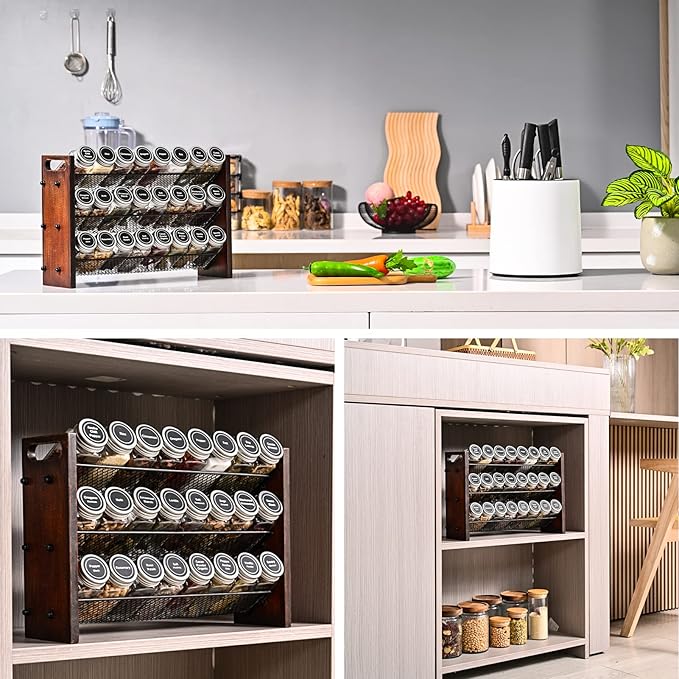 Spice Rack Organizer for Cabinet, Spice Organizer with 24 Empty Spice Jars, 180 Spice Labels, Wooden Spice Jar Organizer, Seasoning Organizer for Cabinet Kitchen, Pantry, Countertop or Wall Mount-Ruum Studio Home