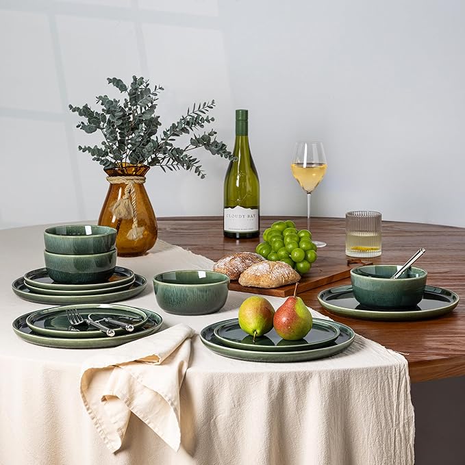 GBHOME Ceramic Dinnerware Sets for 8, 24 Pieces Stoneware Plates and Bowls Sets, Reactive Glaze Dishes -Scratch Resistant, Dishwasher&Microwave Safe, Earth Green-Ruum Studio Home
