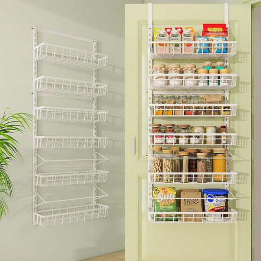 Over The Door Pantry Organizer, Wall Mount Spice Rack, Pantry Hanging Storage and Organization, 6 Adjustable Baskets Heavy-Duty Metal for Home & Kitchen, Back of Door Seasoning Rack - White-Ruum Studio Home