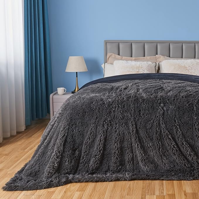 GONAAP Fuzzy Faux Fur Throw Blanket Queen Size Dark Grey Super Soft Cozy Plush Fuzzy Shaggy Blanket for Couch Sofa Bed (Dark Grey, Queen(90"x90"))-Ruum Studio Home