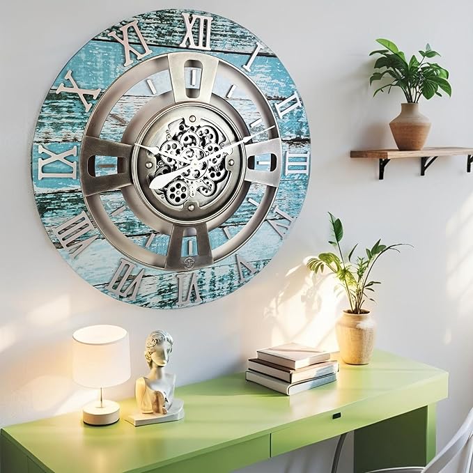 The Gears Clock Real Moving Gear Wall Clock England Line (Aqua Green, 24 inches (60 cm))-Ruum Studio Home