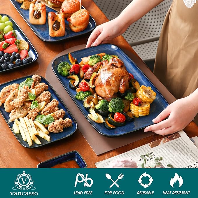 vancasso Stern Serving Platters Set of 3, 15/13/ 11 Inches Rectangular Serving Plates, Blue Serving Trays for Entertaining, Party-Ruum Studio Home