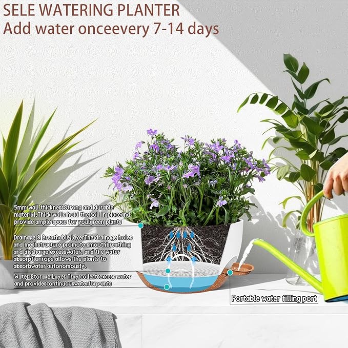 2 Pack 12 Inch Large Hanging Planters with Chains Self Watering White Brown Plastic Hanging Pots for Indoor Outdoor Plants, Garden Porch Home Decor，White Brown-Ruum Studio Home