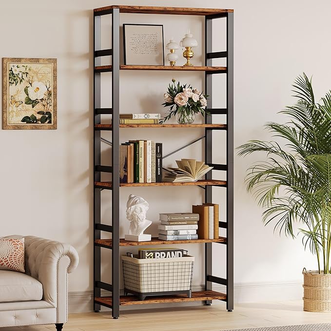 IRONCK Bookshelf, 31.5in Wide Shelf 6 Tier Bookcase, 110lbs/shelf Vintage Industrial Style Bookshelves for Bedroom, Living Room and Home Office, Vintage Brown-Ruum Studio Home