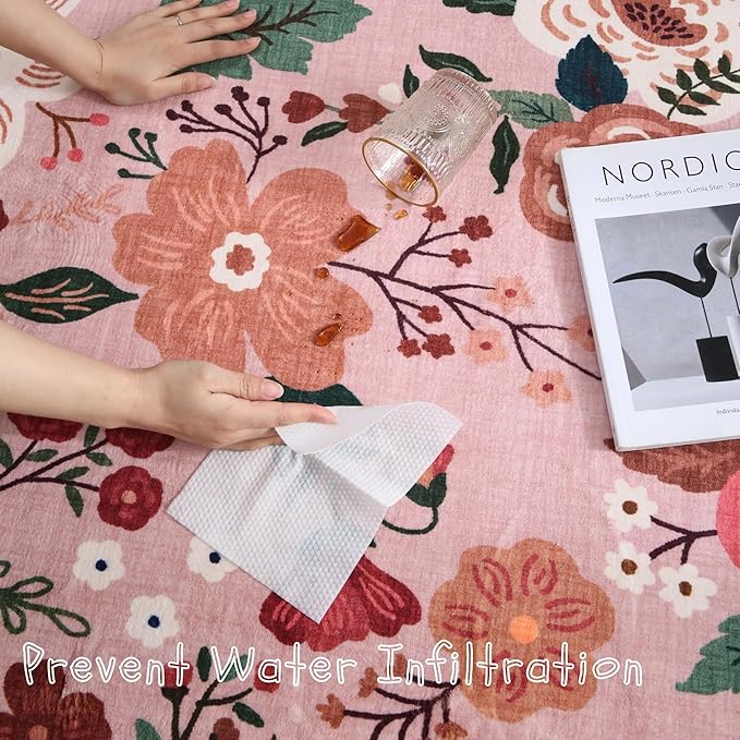 Bedroom Rug 3x5 Rug Washable Area Rug Non Slip Low Pile Boho Floral Small Carpet for Bedroom, Bedside, Kitchen, Entryway, Kids Room, Office, College Dorm Essentials for Girls(Pink)-Ruum Studio Home
