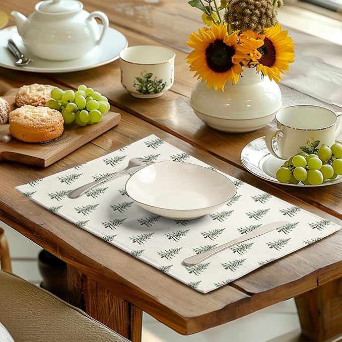 Pine Trees Christmas Placemats Set of 4 Xmas Tree Vintage Rustic Print Place Mats Winter Holiday Green White Farmhouse Linen Table Mats for Indoor Outdoor Kitchen Dining Party Decor-Ruum Studio Home